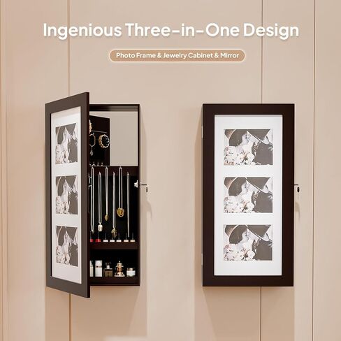 منظم مجوهرات VINGLI بني مثبت على الحائط للنساء، إطار صور 3 في 1، مرآة وخزانة تخزين قابلة للقفل، صندوق مجوهرات معلق للأقراط والخواتم والقلائد والأساور، هدية موفرة للمساحة in Kuwait