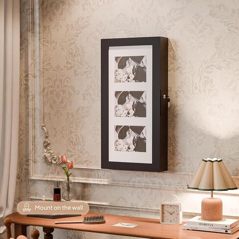 منظم مجوهرات VINGLI بني مثبت على الحائط للنساء، إطار صور 3 في 1، مرآة وخزانة تخزين قابلة للقفل، صندوق مجوهرات معلق للأقراط والخواتم والقلائد والأساور، هدية موفرة للمساحة in Kuwait