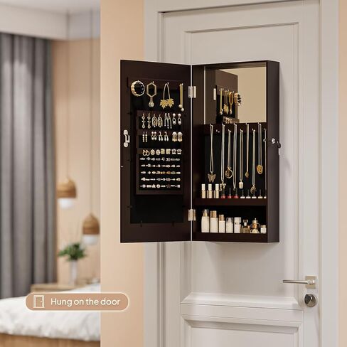 منظم مجوهرات VINGLI بني مثبت على الحائط للنساء، إطار صور 3 في 1، مرآة وخزانة تخزين قابلة للقفل، صندوق مجوهرات معلق للأقراط والخواتم والقلائد والأساور، هدية موفرة للمساحة in Kuwait