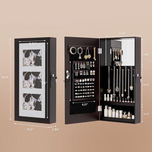 منظم مجوهرات VINGLI بني مثبت على الحائط للنساء، إطار صور 3 في 1، مرآة وخزانة تخزين قابلة للقفل، صندوق مجوهرات معلق للأقراط والخواتم والقلائد والأساور، هدية موفرة للمساحة in Kuwait