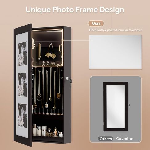 منظم مجوهرات VINGLI بني مثبت على الحائط للنساء، إطار صور 3 في 1، مرآة وخزانة تخزين قابلة للقفل، صندوق مجوهرات معلق للأقراط والخواتم والقلائد والأساور، هدية موفرة للمساحة in Kuwait
