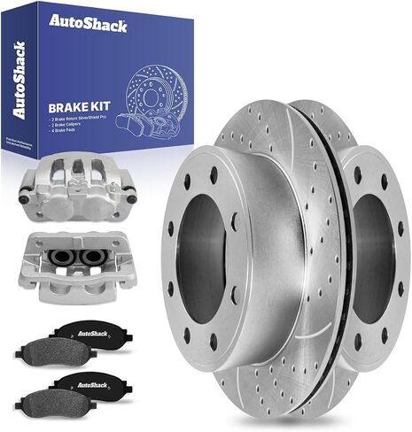 AutoShack Rear Drilled & Slotted Brake Rotors Ceramic Brake Pads Calipers | Replacement for 2005-2007 Ford F-250 Super Duty | Silver Zinc Coated | 8-PC Brake Kit | SilverShield Pro in Saudi Arabia