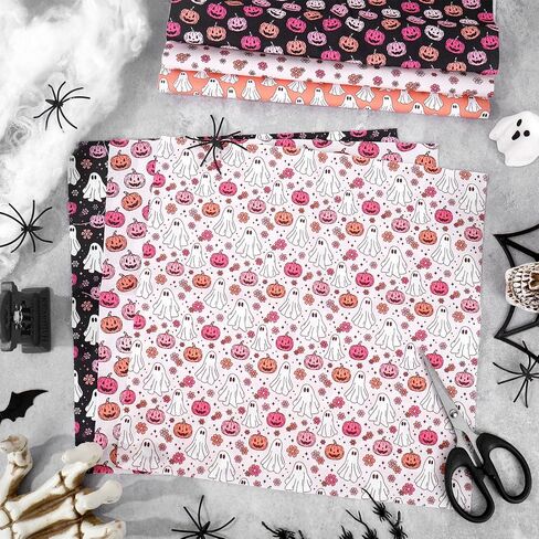 12 PCS Ghost Floral Cotton Fabricitles 18 × 22 بوصة اليقطين الزهرة فلاور أرباع أسود أسود العطلة أقمشة الخياطة لعيد الهالوين دي ديكور حفلة الحرف in Saudi Arabia