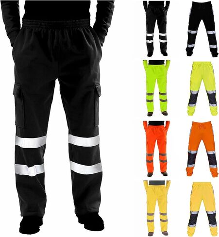 Men's Fleece Hi Vis Viz Cargo Pants Enhanced Visibility Joggers Safety Reflective Strip Work Trousers with Pockets in Saudi Arabia