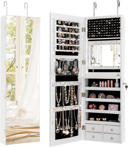COSTWAY LED Mirror Jewelry Cabinet, Full Length Mirror with Jewelry Storage, Lockable Hanging Jewelry Holder Organizer with Built-in Mirror, Wall Door Mounted Jewelry Armoire for Women Girls (Black) in Saudi Arabia