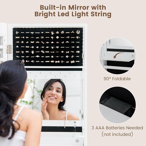 COSTWAY LED Mirror Jewelry Cabinet, Full Length Mirror with Jewelry Storage, Lockable Hanging Jewelry Holder Organizer with Built-in Mirror, Wall Door Mounted Jewelry Armoire for Women Girls (Black) in Saudi Arabia