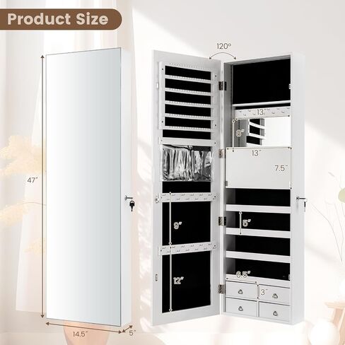 COSTWAY LED Mirror Jewelry Cabinet, Full Length Mirror with Jewelry Storage, Lockable Hanging Jewelry Holder Organizer with Built-in Mirror, Wall Door Mounted Jewelry Armoire for Women Girls (Black) in Saudi Arabia