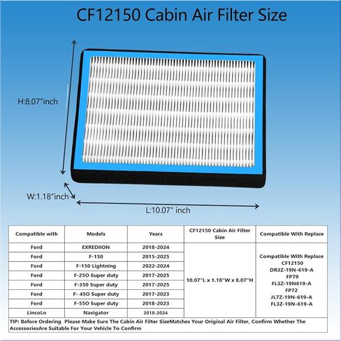 فلتر هواء المقصورة مع الكربون المنشط، متوافق مع فورد إكسبيديشن، F-150، F-250، F-350، F-450، F-550، سوبر ديوتي، لينكولن نافيجيتور، بديل لـ CF12150، 6081C، 12150-C1 in Kuwait