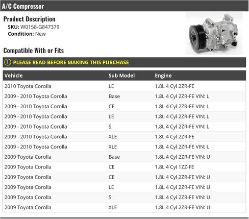 A/C Compressor - Compatible with 2009-2010 Toyota Corolla in Saudi Arabia