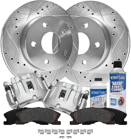 Detroit Axle - Front Brake Kit for 1999-2004 Jeep Grand Cherokee Drilled & Slotted Disc Brake Rotors Brake Calipers Ceramic Brakes Pads 2000 2001 2002 2003 Replacement in Saudi Arabia