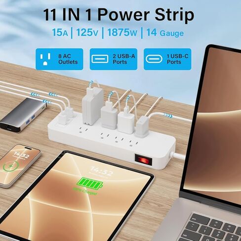 Elecan 3 Prong Power Strip with 4 FT Extension Cord, 5 AC Outlets+1 Widely Spaced Outlet, Space Saving 45 Degree Flat Plug, 14AWG 1875W 125V 15A, Wall Mountable Multi Outlet Extender, ETL, White in Saudi Arabia
