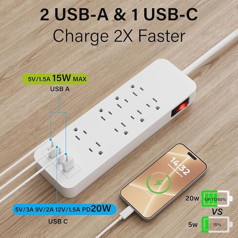 Elecan 3 Prong Power Strip with 4 FT Extension Cord, 5 AC Outlets+1 Widely Spaced Outlet, Space Saving 45 Degree Flat Plug, 14AWG 1875W 125V 15A, Wall Mountable Multi Outlet Extender, ETL, White in Saudi Arabia