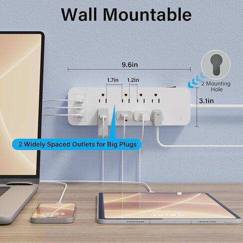 Elecan 3 Prong Power Strip with 4 FT Extension Cord, 5 AC Outlets+1 Widely Spaced Outlet, Space Saving 45 Degree Flat Plug, 14AWG 1875W 125V 15A, Wall Mountable Multi Outlet Extender, ETL, White in Saudi Arabia