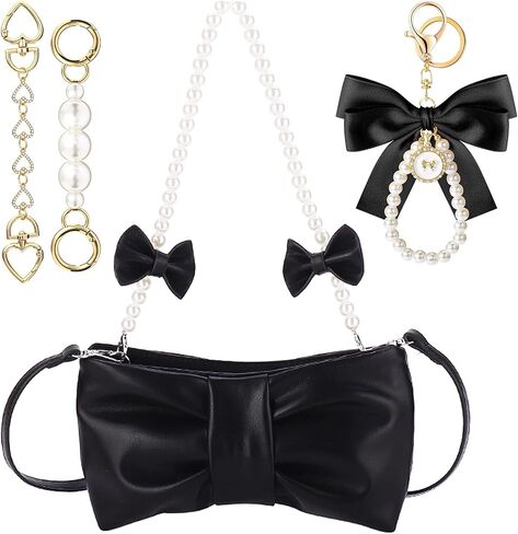 Abbylike 5 Pcs Coquette Pearl Leather Bow Purse for Women Cute Y2k CrossBody Bag Bow Charm Extender Chain Shoulder Strap in Saudi Arabia