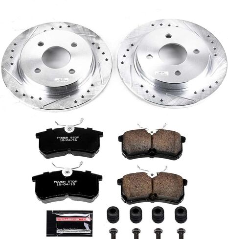 Power Stop K1363 خلفي Z23 وسادات فرامل من ألياف الكربون مع مجموعة دوارات فرامل محفورة ومشقوقة لسيارة Ford Fiesta 2014-2019، Ford Focus 2001-2007 [نموذج محدد] in Saudi Arabia
