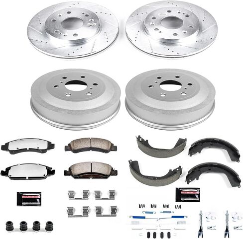 Power Stop Front and Rear Brake Kit For 2009 2010 2011 2012 2013 Chevrolet Silverado 1500 - Truck & Tow Carbon Fiber Ceramic Brake Pads, Drums, & Drilled and Slotted Rotors Replacement, K15263DK-36 in Saudi Arabia