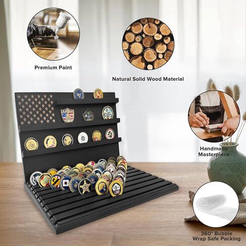 Challenge Coin Display Stand, 13-Row Solid Wood Military Coin Holder with Sloped Base, Holds 80-110 Coins, Coin Holders for Collectors in Kuwait