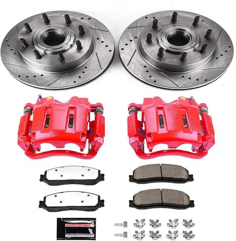طقم مكابح رياضية Power Stop KC6268 Z23 Evolution Sport مع وسادات فرامل فرجار مطلية بالمسحوق، ودوارات محفورة ومشقوقة لسيارة Ford F-150 6 Lug 2012-2017 [محدد بالتطبيق] | 2012-2018 إف-150 رابتور in Saudi Arabia