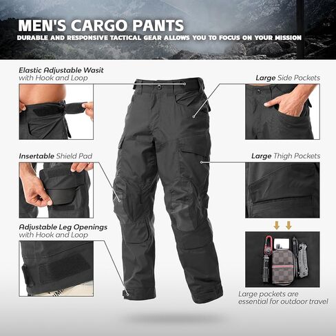 Men's Tactical Pants Water Resistant Ripstop Cargo Pants for Men Multi Pockets Hiking Work Pants with Knee Pads in Kuwait
