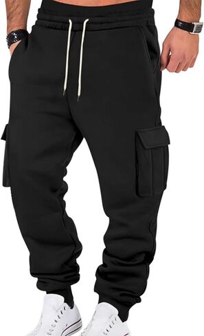Wangdo Mens Cargo Sweatpants Heavyweight Elastic Waist Fleece Lined Joggers for Men with Pockets Baggy Drawstring Track Pants in Saudi Arabia