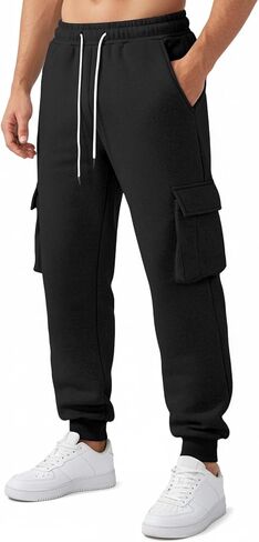 Wangdo Mens Cargo Sweatpants Heavyweight Elastic Waist Fleece Lined Joggers for Men with Pockets Baggy Drawstring Track Pants in Saudi Arabia