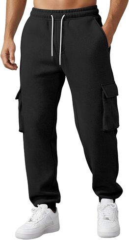 Wangdo Mens Cargo Sweatpants Heavyweight Elastic Waist Fleece Lined Joggers for Men with Pockets Baggy Drawstring Track Pants in Saudi Arabia