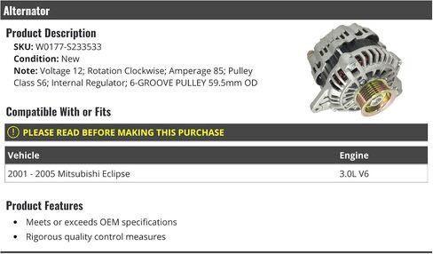 Alternator - 85 Amp - Compatible with 2001-2005 Mitsubishi Eclipse 3.0L V6 in Saudi Arabia