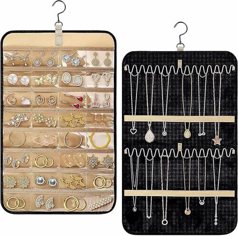 Hanging Jewelry Organizer, Double-Sided Necklace Holder, Jewelry Holder with 360 Degree Rotating Hook, Anti-tangle Earrings Rings Hanger with Pockets Hang on Wall, Door, Closet, Large, Black (Small) in Kuwait