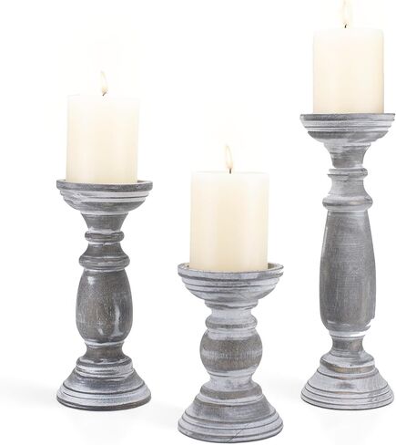 Rustic Wooden Pillar Candle Holders Set of 3, 12'' 9'' 6'' Farmhouse Wood Candle Stand for Table Centerpieces, Vintage Tall Candleholders Fireplace Mantel Decor for Living Room, Grey in Kuwait