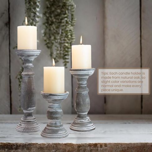 Rustic Wooden Pillar Candle Holders Set of 3, 12'' 9'' 6'' Farmhouse Wood Candle Stand for Table Centerpieces, Vintage Tall Candleholders Fireplace Mantel Decor for Living Room, Grey in Kuwait