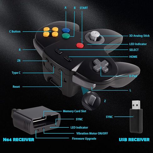 2 Pack 2.4 GHz Wireless N64 Switch Online Controller, USB & N64 Receiver, Compatible with Windows PC macOS Raspberry Pi, N64 / Switch Online/NSO - (Rechargeable) (Plug and Play) (Gray) in Saudi Arabia