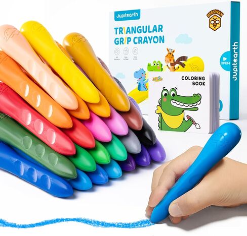 12 Colors Crayons for Kids Ages 4-8 with Coloring Book & Bonus Stickers, Non-Toxic & Washable Triangle Crayons for Toddlers 1-3, Fat Brain Toys for Art Supplies and Ideal Gifts for Kids in Kuwait