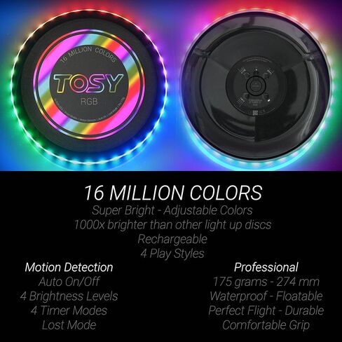 TOSY Flying Disc - 16 Million Color RGB or 36 LEDs, Extremely Bright, Smart Modes, Auto Light Up, Rechargeable, Cool Valentine, Easter, Birthday & Camping Gift for Men/Boys/Teens/Kids, 175g Frisbee in Kuwait
