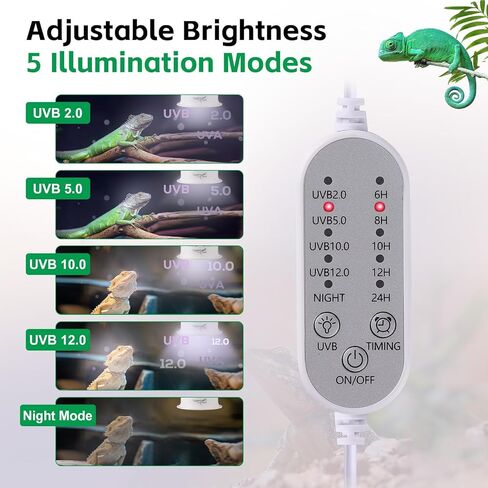 UVB Light for Reptiles, UVA UVB Reptile Light Fixture with Timer LED UVB Bulb for Bearded Dragon Gecko Turtle Chameleon Lizard Snake, Adjustable Brightness UVB Lamp for Reptile Tank Accessories, White in Kuwait