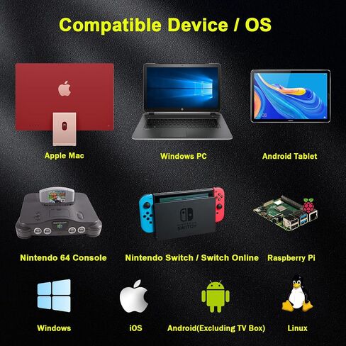 2.4 GHz Wireless N64 Switch Online Controller, USB Receiver, Compatible with Windows PC Laptop iOS Mac Raspberry Pi, Switch Online/NSO - (Rechargeable) (Plug and Play) Black in Saudi Arabia