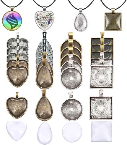 BetterJonny 48pcs Reshelant Pendant Rays ، 4 أشكال صواني المعلقات مجموعة بما في ذلك 24pcs سحر الفراغات الواضحة و 24pcs cabochons الزجاجية لصنع المجوهرات DIY (2 لون) in Kuwait