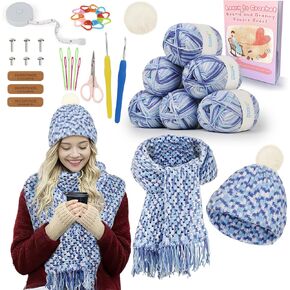 Katech Crochet Kit for Beginners-Crochet Kit للبالغين والأطفال يتعلمون قبعة Beanie Crochet Granny Square ، مجموعة كاملة لممارسة وشاح مع تعليمات خطوة بخطوة 8 مزيج من خيوط Lightblue in Kuwait