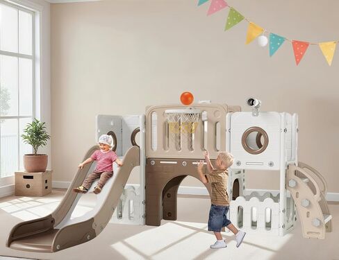 Arlopu 9 in 1 Large Toddler Slide, Kid Playset w/Long Slope, Baby Climber Set w/Basketball Hoop, Telescope, Tunnel, Storage Space, Enclosed Steps, Indoor Outdoor Playground for Ages 3+ in Kuwait