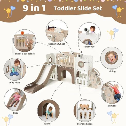 Arlopu 9 in 1 Large Toddler Slide, Kid Playset w/Long Slope, Baby Climber Set w/Basketball Hoop, Telescope, Tunnel, Storage Space, Enclosed Steps, Indoor Outdoor Playground for Ages 3+ in Kuwait