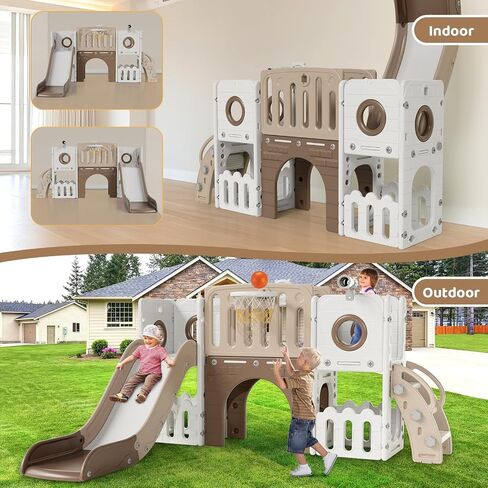 Arlopu 9 in 1 Large Toddler Slide, Kid Playset w/Long Slope, Baby Climber Set w/Basketball Hoop, Telescope, Tunnel, Storage Space, Enclosed Steps, Indoor Outdoor Playground for Ages 3+ in Kuwait