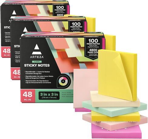 ARTEZA Sticky Notes 3x3 inches, 48 Sticky Pads, Bulk Sticky Note Pads, Assorted Multicolor Self-Adhesive Notes in Kuwait