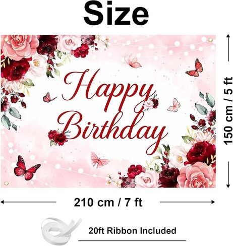 Avezano Floral Happy Birthday Banner for Women Girls Rose Gold Red Floral Birthday Party Decorations for Women Burgundy Floral Birthday Party Supplies Banner 70.8 x 43.3 Inch in Saudi Arabia