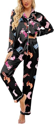 Ekouaer Womens Satin Pajama Set Classic Pattern Silky Pj Sets Button Down Sleepwear Loungewear in Saudi Arabia