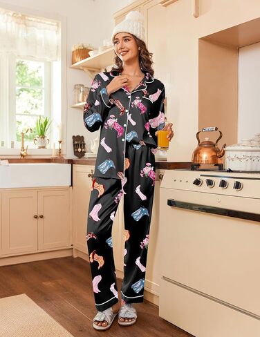Ekouaer Womens Satin Pajama Set Classic Pattern Silky Pj Sets Button Down Sleepwear Loungewear in Saudi Arabia
