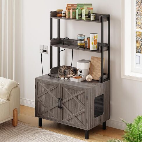 55 بوصة حاوية القمامة القمامة القط ، أثاث صندوق القمامة المخفي مع رفوف تخزين ومآخذ شحن ، منزل قط خشبي ، خزانة داخلية كبيرة لغرفة المعيشة والمدخل ، أبيض in Kuwait