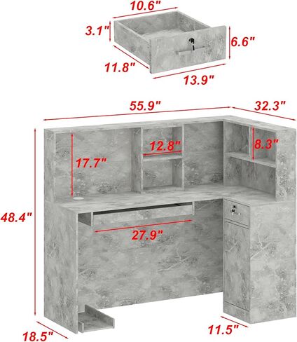 مكتب استقبال Aiegle مع الأدراج المضادة ورفوف التخزين ، طاولة مكتب الاستقبال على شكل حرف L لمكتب غرفة استقبال الصالون ، أبيض (55.9 "L x 32.3" W × 48.4 "H) in Kuwait