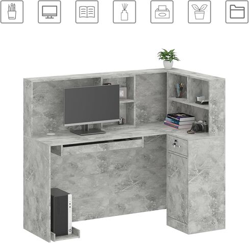 مكتب استقبال Aiegle مع الأدراج المضادة ورفوف التخزين ، طاولة مكتب الاستقبال على شكل حرف L لمكتب غرفة استقبال الصالون ، أبيض (55.9 "L x 32.3" W × 48.4 "H) in Kuwait