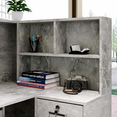 مكتب استقبال Aiegle مع الأدراج المضادة ورفوف التخزين ، طاولة مكتب الاستقبال على شكل حرف L لمكتب غرفة استقبال الصالون ، أبيض (55.9 "L x 32.3" W × 48.4 "H) in Kuwait