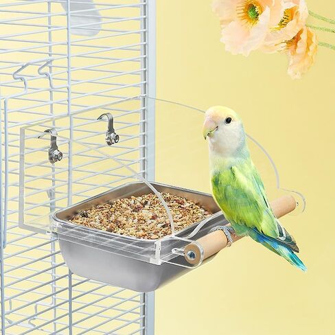 Seed Catcher Bird Feeder No Mess - Dual Bowl Cage Mount with Clear Acrylic, Wood Perch & Removable Cups - for Small Birds（ Budgies, Finches, Canaries, Parrotlets, Cockatiels） in Kuwait