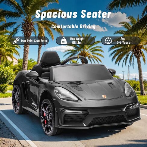 12 فولت ركوب على سيارة بورش 718 ، سيارة كهربائية للأطفال مع التحكم عن بعد ، ضوء LED الأمامي/الخلفي ، الراديو ، USB/AUX ، الأبواب المفتوحة ، وظيفة التعليق ، إطارات متينة (أسود) in Kuwait